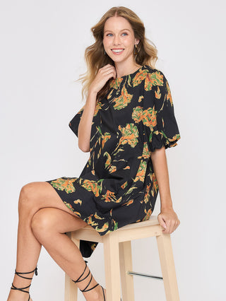 Floral Veil Mini Dress - Black