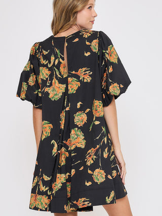 Floral Veil Mini Dress - Black