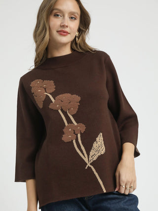 Flower Mock Neck Sweater - Brown