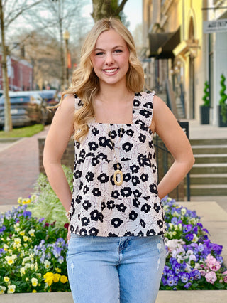 crinkled black and white floral babydoll style date night top