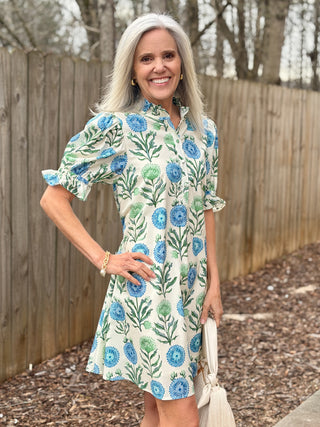 Flower Print Ruffle Dress - Blue