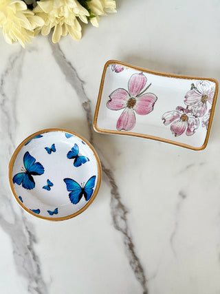 charming jewelry dishes with blue butterflies and pink flowers