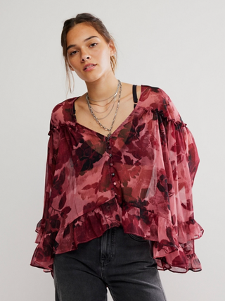 burgundy long sleeve ruffle button up floral blouse 
