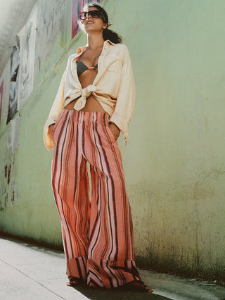 Free People Days End Solar Linen Stripe Pant - Coral Combo