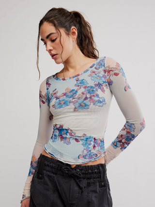Free People Lilly Printed Long Sleeve Top - Frost