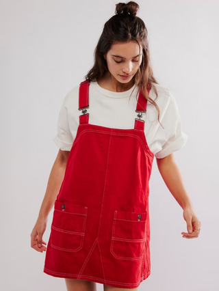 red overall smock mini dress with two front pockets 
