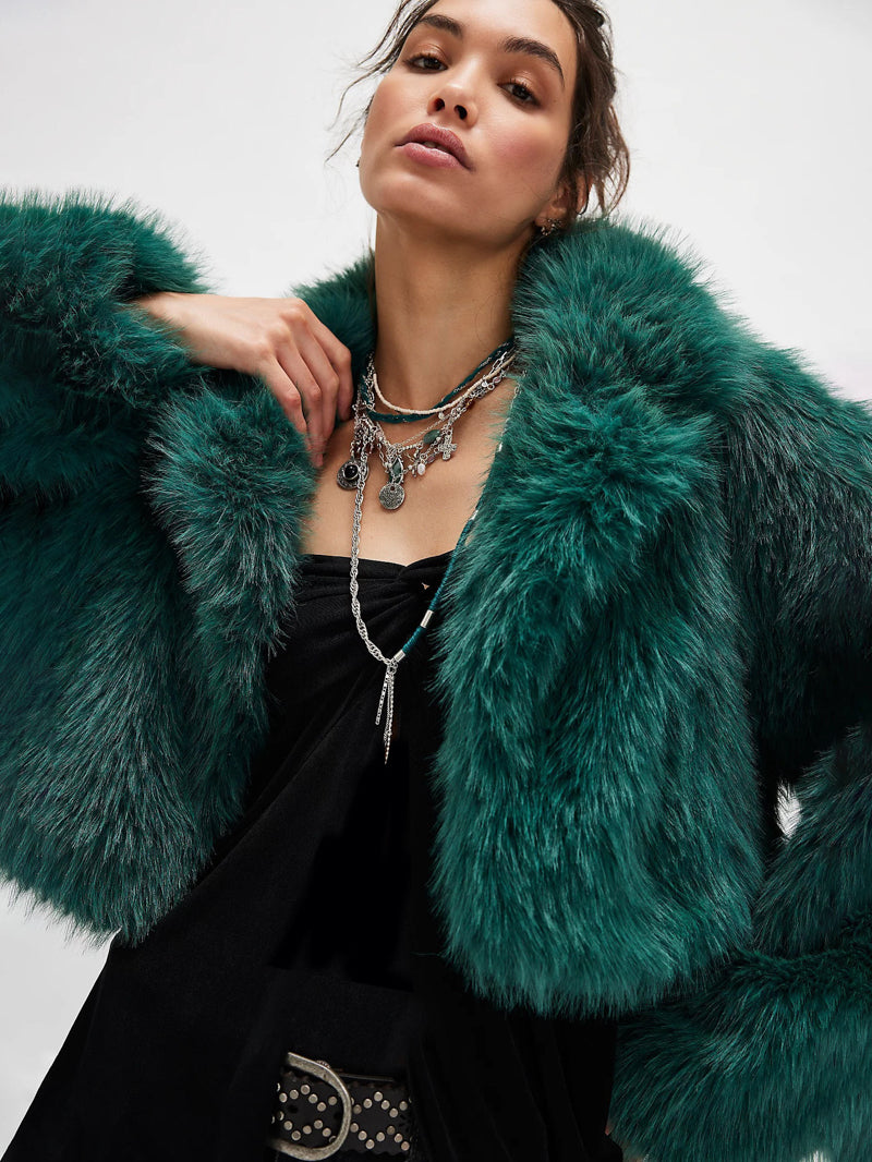 Free People Paris Cropped Fur Jacket Uncut Emerald