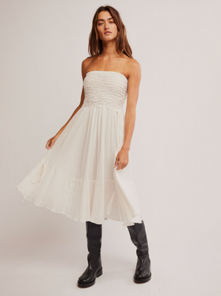 a trendy white convertible maxi skirt that transforms into a strapless dress