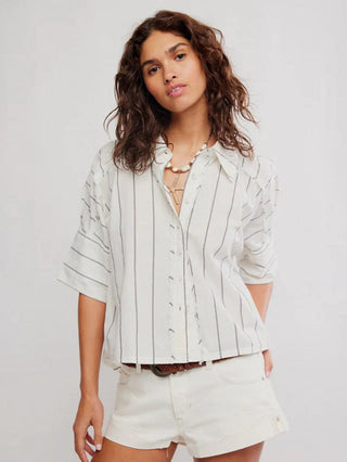 Free People Seaside Cotton Stripe Shirt - Ivory Combo