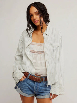 Free People Striped Linen Laurel Top - Ivory