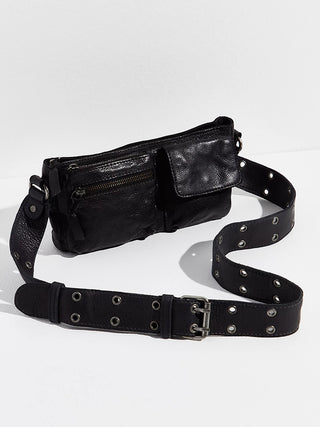 wear this black leather purse with a buckle strap and multiple pockets for everyday functionality and accessorizing 
