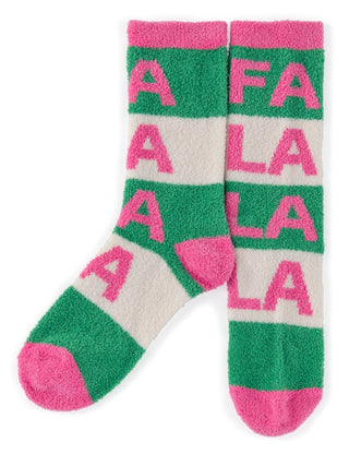 fuzzy striped green and white holiday socks that say falala