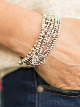 wear these silver stacked bead bracelets with statement crystal for everyday glam and as stocking stuffers and holiday gifts
