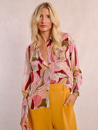 multi colored geometric button up long sleeve blouse