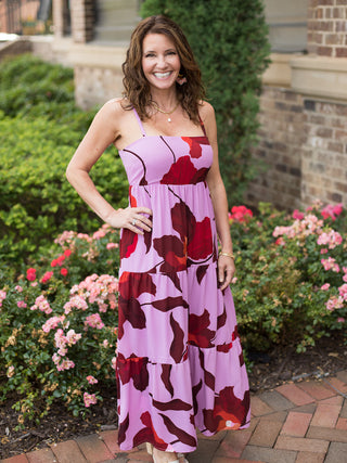 a lavender and dark red floral maxi dress with spaghetti straps and a square neck 