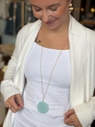 Glass Beaded Long Necklace - Mint Blue