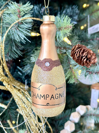 Glitter Champagne Bottle Mercury Glass Ornament