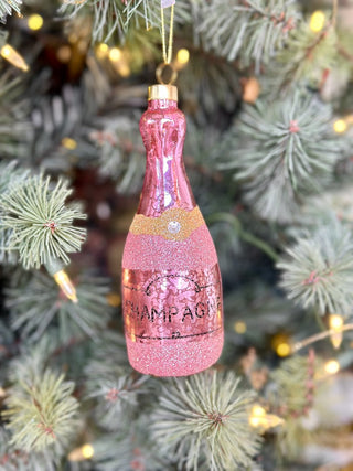 Glitter Champagne Bottle Mercury Glass Ornament