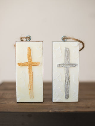 Painted Cross Wood Block Ornament - Gold