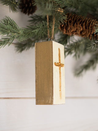 Painted Cross Wood Block Ornament - Gold