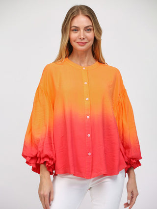 ombre orange and red button up blouse with three quarter length sleeves with flutter cuffs
