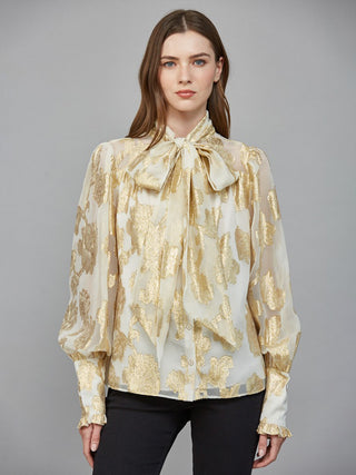 Golden Hour Grace Metallic Blouse w/Bow - Cream Gold