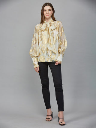 Golden Hour Grace Metallic Blouse w/Bow - Cream Gold