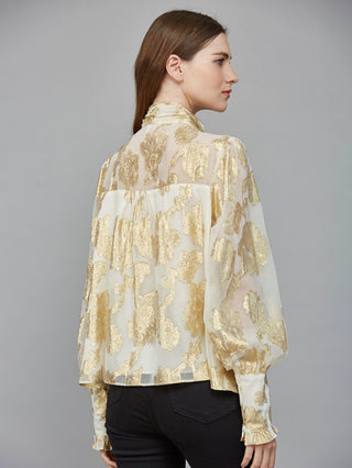 Golden Hour Grace Metallic Blouse w/Bow - Cream Gold