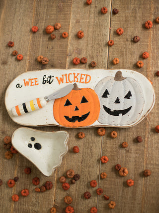 a halloween serving collection with a stoneware tray ghost shaped bowl and matching spreader perfect for fall decor gifts