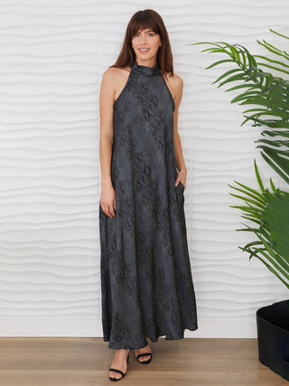 a flattering black and grey snake print maxi dress with a halter mock neck