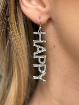 dazzling long silver earring that says happy