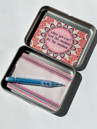 cute and positive sentiment tin box gift with notepad and mechanical pencil