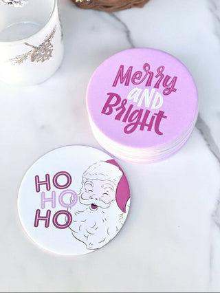 fun pink and white merry and bright and ho ho ho holiday coasters