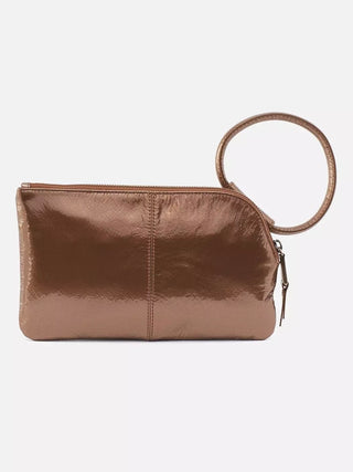 a small leather purse in metallic bronze with gold hardware and a bracelet handle perfect as an everyday purse