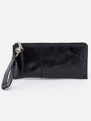 a black leather clutch with a wrist strap and zipper closure