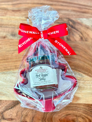 a jolly gift set of hot pepper jelly and a red christmas tree ramekin