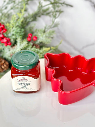 a jolly gift set of hot pepper jelly and a red christmas tree ramekin