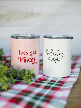 a pair of white and pink stemless christmas wine tumblers perfect for holiday home decor and stocking stuffer gifts