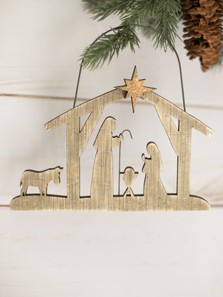 put this gold wooden nativity ornament on your christmas tree or gift as a holiday stocking stuffer