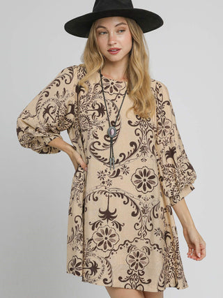 brown mini dress with floral print and half balloon sleeves