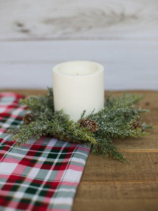 a frosted pine miniature christmas wreath to enhance candles and holiday home decor tablescapes great as a holiday host gift
