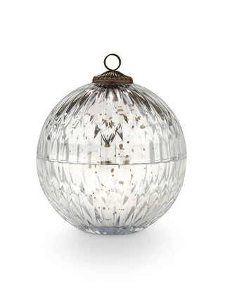 a decorative silver mercury ball holiday candle that doubles as an ornament