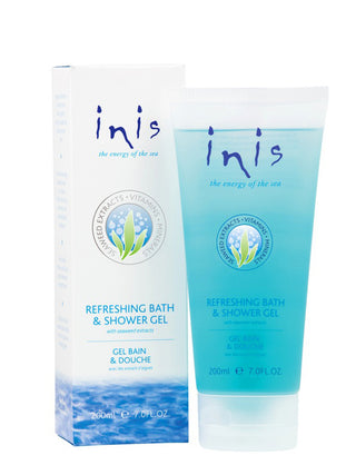 a light blue inis energy of the sea shower gel in a white box