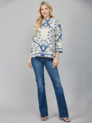 Jacquard Knit Mock Neck Sweater - Cream/Teal