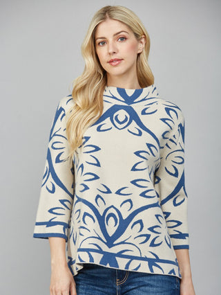 Jacquard Knit Mock Neck Sweater - Cream/Teal