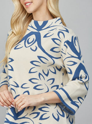 Jacquard Knit Mock Neck Sweater - Cream/Teal