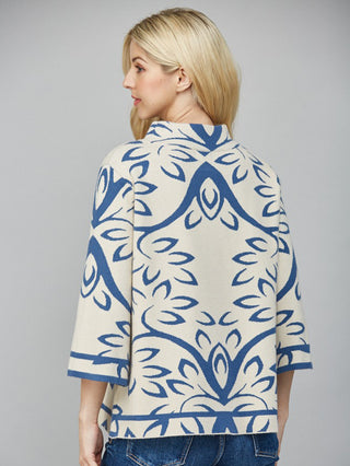 Jacquard Knit Mock Neck Sweater - Cream/Teal