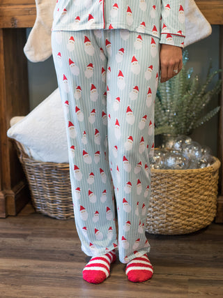 wear these white and blue pajama pants with santa print on christmas morning and cozy winter days with its matching top