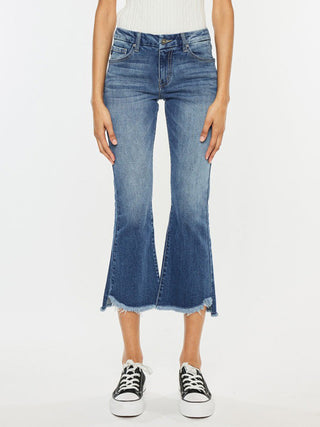 mid rise medium wash cropped flare denim jeans 