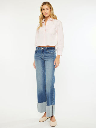 KanCan Mid Rise Wide Flair Denim - Dark Wash